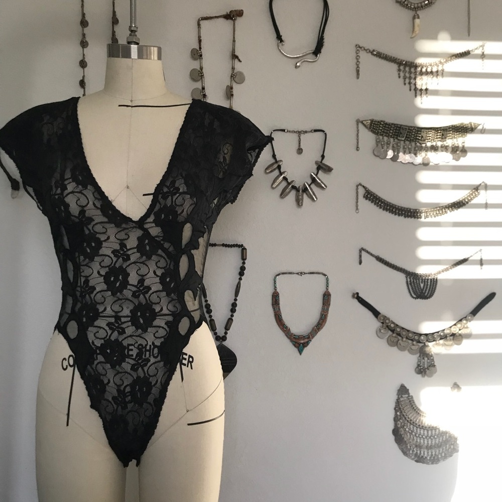 Vintage Natori Black Lace Bodysuit Cutout